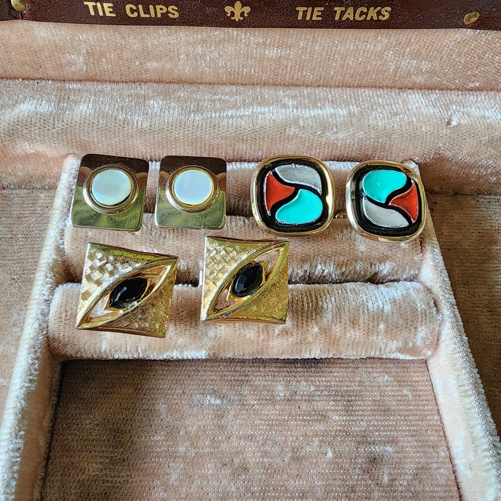 Anson square cufflinks Gold Tone +‎ White Iridescent+ Black Gem+box Vintage Mens